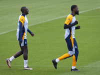 Ferland Mendy (left) and Antonio Rudiger (right) of Real Madrid CF train during the Real Madrid training session and press conference ahead...