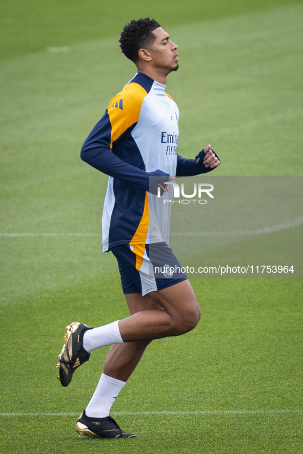 Jude Bellingham of Real Madrid CF trains during the Real Madrid training session and press conference ahead of the La Liga 2024/25 match aga...