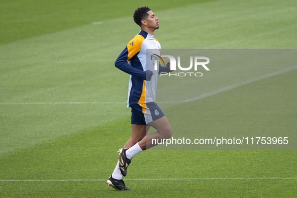 Jude Bellingham of Real Madrid CF trains during the Real Madrid training session and press conference ahead of the La Liga 2024/25 match aga...