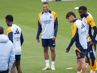 Kylian Mbappe of Real Madrid CF (C) trains during the Real Madrid training session and press conference ahead of the La Liga 2024/25 match a...