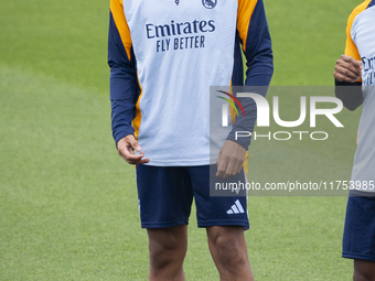 Kylian Mbappe of Real Madrid CF trains during the Real Madrid training session and press conference ahead of the La Liga 2024/25 match again...