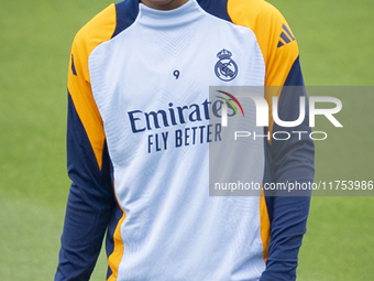 Kylian Mbappe of Real Madrid CF trains during the Real Madrid training session and press conference ahead of the La Liga 2024/25 match again...