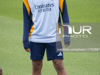 Kylian Mbappe of Real Madrid CF trains during the Real Madrid training session and press conference ahead of the La Liga 2024/25 match again...