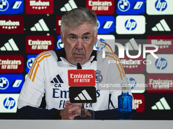 Carlo Ancelotti, head coach of Real Madrid CF, speaks during the Real Madrid training session and press conference ahead of the La Liga 2024...