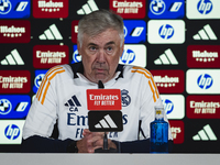 Carlo Ancelotti, head coach of Real Madrid CF, speaks during the Real Madrid training session and press conference ahead of the La Liga 2024...