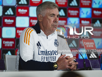 Carlo Ancelotti, head coach of Real Madrid CF, speaks during the Real Madrid training session and press conference ahead of the La Liga 2024...