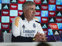 Carlo Ancelotti, head coach of Real Madrid CF, speaks during the Real Madrid training session and press conference ahead of the La Liga 2024...