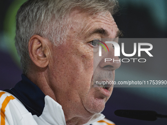 Carlo Ancelotti, head coach of Real Madrid CF, speaks during the Real Madrid training session and press conference ahead of the La Liga 2024...