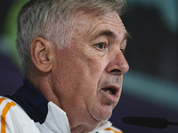 Carlo Ancelotti, head coach of Real Madrid CF, speaks during the Real Madrid training session and press conference ahead of the La Liga 2024...