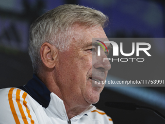 Carlo Ancelotti, head coach of Real Madrid CF, speaks during the Real Madrid training session and press conference ahead of the La Liga 2024...