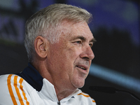 Carlo Ancelotti, head coach of Real Madrid CF, speaks during the Real Madrid training session and press conference ahead of the La Liga 2024...