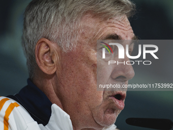 Carlo Ancelotti, head coach of Real Madrid CF, speaks during the Real Madrid training session and press conference ahead of the La Liga 2024...