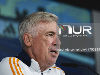 Carlo Ancelotti, head coach of Real Madrid CF, speaks during the Real Madrid training session and press conference ahead of the La Liga 2024...