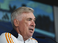 Carlo Ancelotti, head coach of Real Madrid CF, speaks during the Real Madrid training session and press conference ahead of the La Liga 2024...