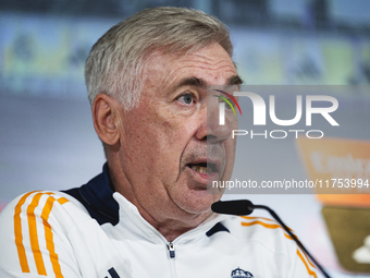 Carlo Ancelotti, head coach of Real Madrid CF, speaks during the Real Madrid training session and press conference ahead of the La Liga 2024...