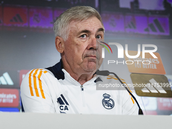 Carlo Ancelotti, head coach of Real Madrid CF, speaks during the Real Madrid training session and press conference ahead of the La Liga 2024...