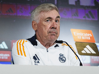 Carlo Ancelotti, head coach of Real Madrid CF, speaks during the Real Madrid training session and press conference ahead of the La Liga 2024...