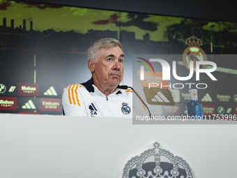 Carlo Ancelotti, head coach of Real Madrid CF, speaks during the Real Madrid training session and press conference ahead of the La Liga 2024...