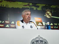 Carlo Ancelotti, head coach of Real Madrid CF, speaks during the Real Madrid training session and press conference ahead of the La Liga 2024...