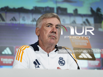 Carlo Ancelotti, head coach of Real Madrid CF, speaks during the Real Madrid training session and press conference ahead of the La Liga 2024...