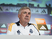 Carlo Ancelotti, head coach of Real Madrid CF, speaks during the Real Madrid training session and press conference ahead of the La Liga 2024...