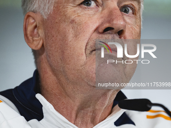 Carlo Ancelotti, head coach of Real Madrid CF, speaks during the Real Madrid training session and press conference ahead of the La Liga 2024...