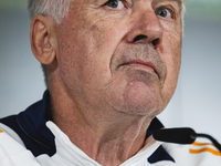 Carlo Ancelotti, head coach of Real Madrid CF, speaks during the Real Madrid training session and press conference ahead of the La Liga 2024...