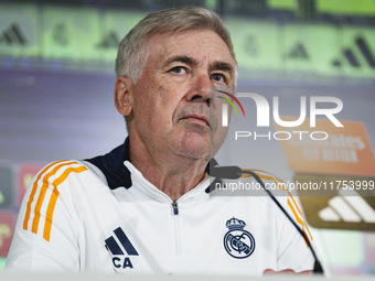 Carlo Ancelotti, head coach of Real Madrid CF, speaks during the Real Madrid training session and press conference ahead of the La Liga 2024...