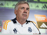 Carlo Ancelotti, head coach of Real Madrid CF, speaks during the Real Madrid training session and press conference ahead of the La Liga 2024...