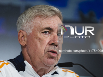 Carlo Ancelotti, head coach of Real Madrid CF, speaks during the Real Madrid training session and press conference ahead of the La Liga 2024...