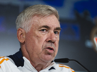 Carlo Ancelotti, head coach of Real Madrid CF, speaks during the Real Madrid training session and press conference ahead of the La Liga 2024...