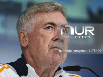 Carlo Ancelotti, head coach of Real Madrid CF, speaks during the Real Madrid training session and press conference ahead of the La Liga 2024...