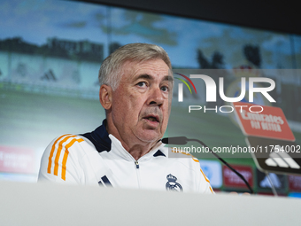 Carlo Ancelotti, head coach of Real Madrid CF, speaks during the Real Madrid training session and press conference ahead of the La Liga 2024...