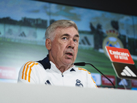 Carlo Ancelotti, head coach of Real Madrid CF, speaks during the Real Madrid training session and press conference ahead of the La Liga 2024...