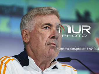 Carlo Ancelotti, head coach of Real Madrid CF, speaks during the Real Madrid training session and press conference ahead of the La Liga 2024...