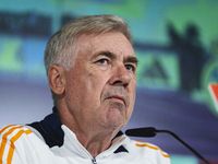 Carlo Ancelotti, head coach of Real Madrid CF, speaks during the Real Madrid training session and press conference ahead of the La Liga 2024...