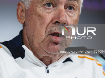 Carlo Ancelotti, head coach of Real Madrid CF, speaks during the Real Madrid training session and press conference ahead of the La Liga 2024...