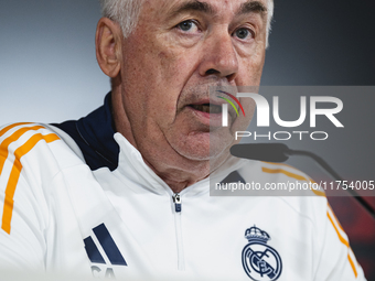 Carlo Ancelotti, head coach of Real Madrid CF, speaks during the Real Madrid training session and press conference ahead of the La Liga 2024...