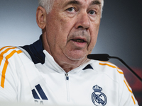 Carlo Ancelotti, head coach of Real Madrid CF, speaks during the Real Madrid training session and press conference ahead of the La Liga 2024...