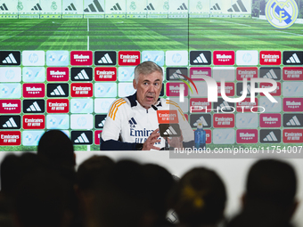 Carlo Ancelotti, head coach of Real Madrid CF, speaks during the Real Madrid training session and press conference ahead of the La Liga 2024...