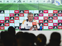 Carlo Ancelotti, head coach of Real Madrid CF, speaks during the Real Madrid training session and press conference ahead of the La Liga 2024...