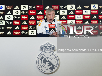 Carlo Ancelotti, head coach of Real Madrid CF, speaks during the Real Madrid training session and press conference ahead of the La Liga 2024...