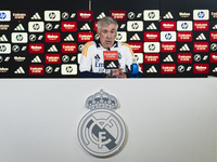 Carlo Ancelotti, head coach of Real Madrid CF, speaks during the Real Madrid training session and press conference ahead of the La Liga 2024...