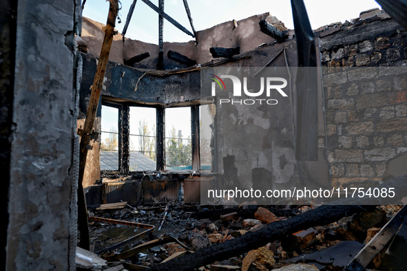 A burnt-out house is seen after an overnight Russian drone attack in Odesa, Ukraine, on November 8, 2024. One person is killed and nine othe...