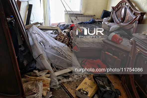 A bedroom is in a house damaged by an overnight Russian drone attack in Odesa, Ukraine, on November 8, 2024. One person is killed and nine o...