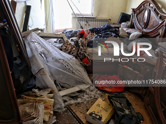 A bedroom is in a house damaged by an overnight Russian drone attack in Odesa, Ukraine, on November 8, 2024. One person is killed and nine o...