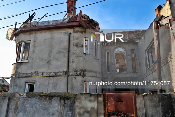 A house is damaged by an overnight Russian drone attack in Odesa, Ukraine, on November 8, 2024. One person is killed and nine others are wou...