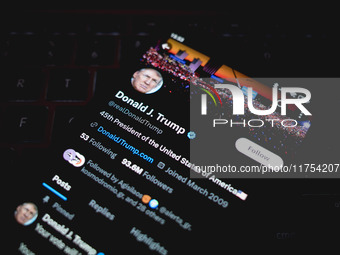 The X (Twitter) account of Donald J. Trump appears on a smartphone screen in Athens, Greece, on November 8, 2024. (