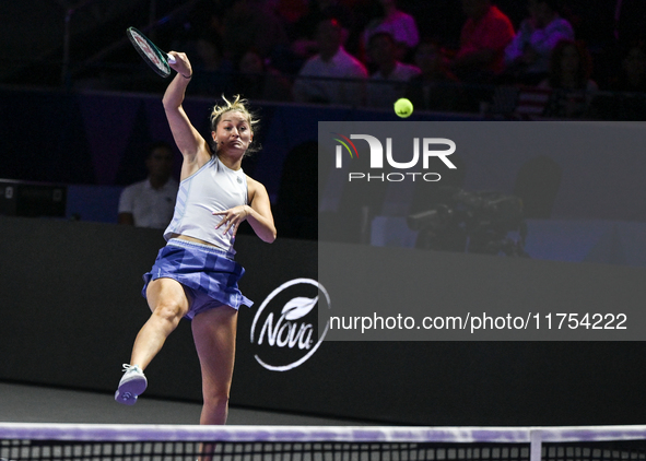 RIYADH, SAUDI ARABIA - NOVEMBER 08: Erin Routliffe (pictured) of New Zealand playing with Gabriela Dabrowski of Canada during their semi-fin...