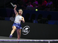 RIYADH, SAUDI ARABIA - NOVEMBER 08: Erin Routliffe (pictured) of New Zealand playing with Gabriela Dabrowski of Canada during their semi-fin...